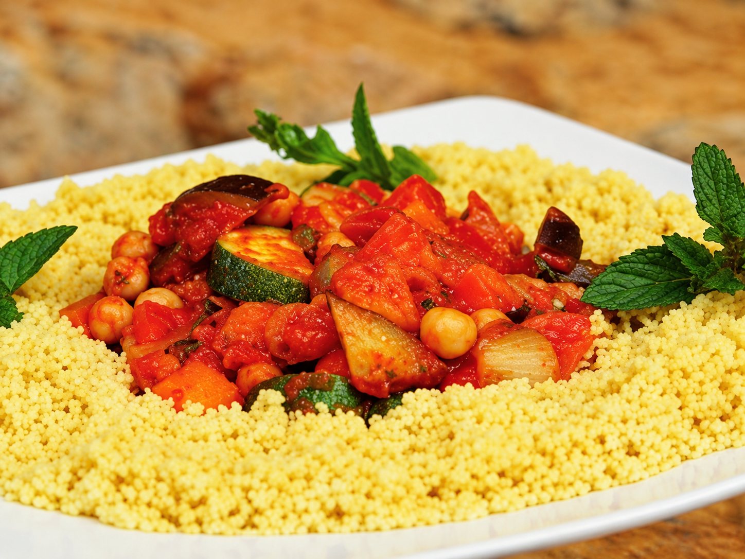 Une assiette blanche de semoule dorée surmontée de légumes mijotés, de courgettes et de pois chiches, décorée de feuilles de menthe fraîche.