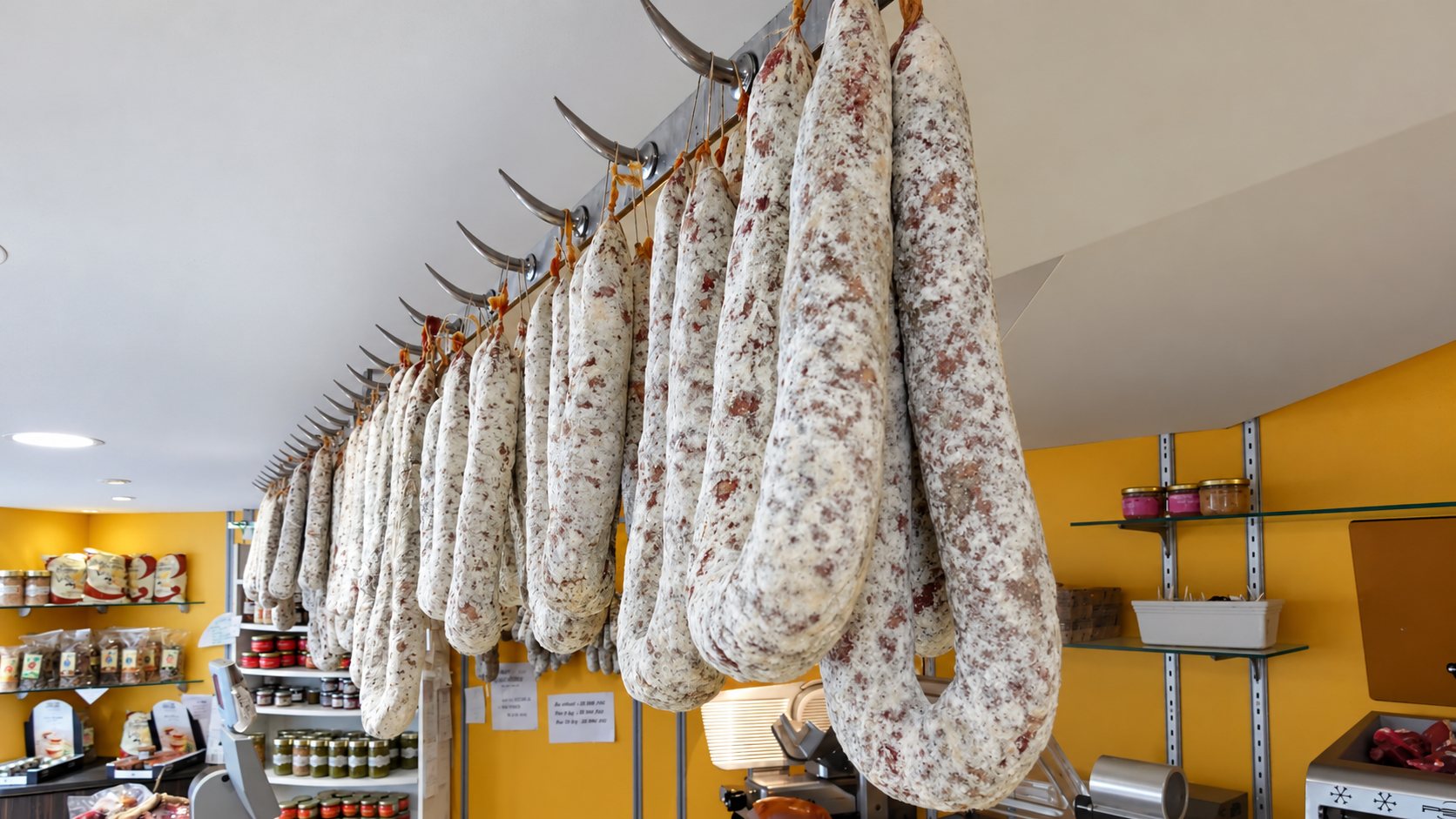 Des saucissons secs recouverts de fleur blanche pendent à des crochets métalliques au plafond d’une boutique, avec des étagères de bocaux et de conserves en arrière-plan.
